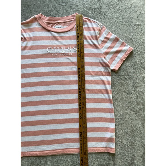 Guess TShirt Mens Medium Pink White Striped Embroidered Logo Short Sleeved Crew - Picture 12 of 13